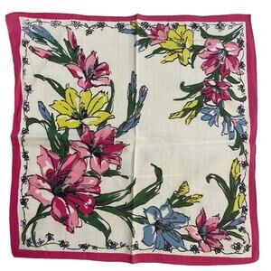 Vintage Floral Handkerchief Pink Iris Hankie 50s Cottage Grandma Retro